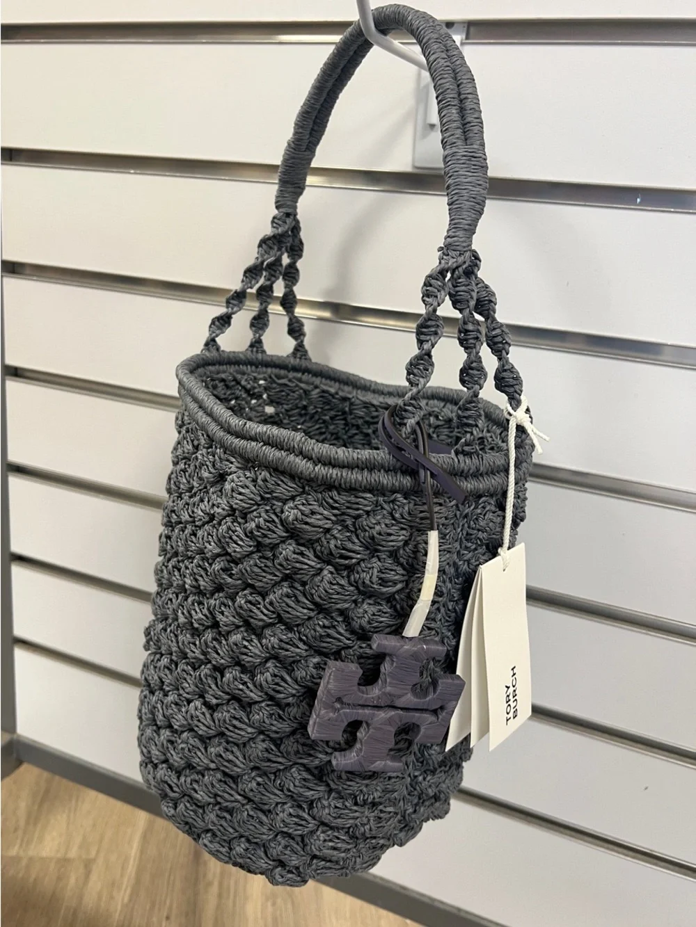 Tory Burch Charcoal Crochet Bucket Tote